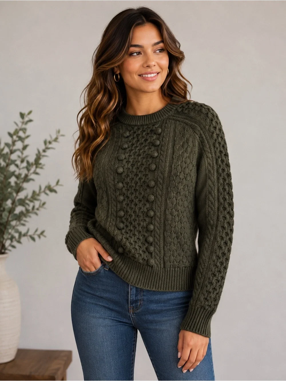 J.Crew Olive Green Cable Knit Sweater Women’s Crew Neck Pom Pom Textured Long XS